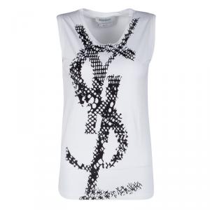 Pre Owned Yves Saint Laurent Monochrome Flock Logo Print Sleeveless T-Shirt S