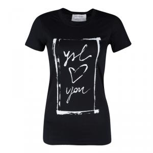 Pre Owned Yves Saint Laurent Paris Black Printed Crew Neck T-Shirt S