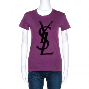 Pre Owned Yves Saint Laurent Purple Cassandre Logo Applique Cotton T-Shirt S