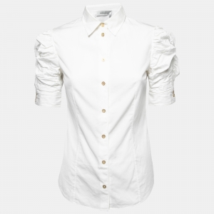 Yves Saint Laurent White Cotton Ruched Sleeve Button Front Shirt S