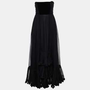 Pre Owned Yves Saint Laurent Vintage Black Silk Ruffled Strapless Gown L