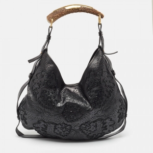 Pre Owned Yves Saint Laurent Black Embroidered Leather Mombasa Hobo