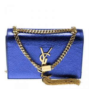 Pre Owned Saint Laurent Metallic Blue Leather Small Kate Tassel Crossbody Bag