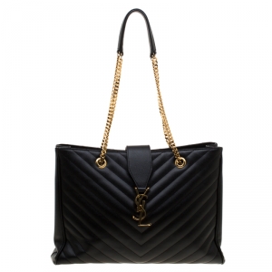Pre Owned Saint Laurent Paris Black Chevron Leather Classic Monogram Shopping Tote