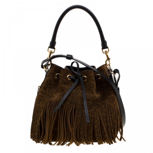 Pre Owned Saint Laurent Paris Brown Leopard Print Suede Emmanuelle Fringed Bucket Bag