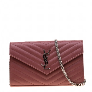 Pre Owned Saint Laurent Paris Indian Red Matelasse Leather Monogram Chain Clutch