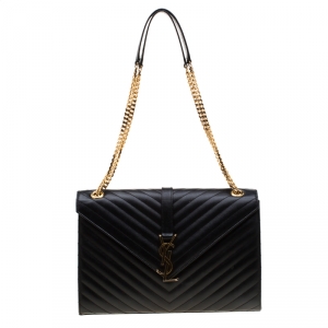 Pre Owned Saint Laurent Paris Black Quilted Chevron Leather Large Cassandre Chain Bag