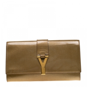 Pre Owned Saint Laurent Paris Gold Patent Leather Y-Ligne Clutch