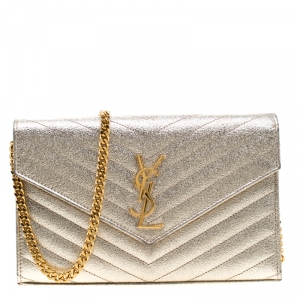 Pre Owned Saint Laurent Paris Gold Textured Monogram Leather Chain Clutch