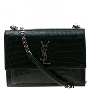 Pre Owned Saint Laurent Paris Dark Green Croc Embossed Leather Sunset Shoulder Bag
