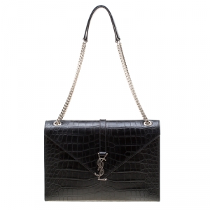 Pre Owned Saint Laurent Paris Black Croc Embossed Leather Large Cassandre Chain Bag