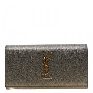 Pre Owned Saint Laurent Metallic Dark Beige Textured Leather Monogram Cassandre Clutch