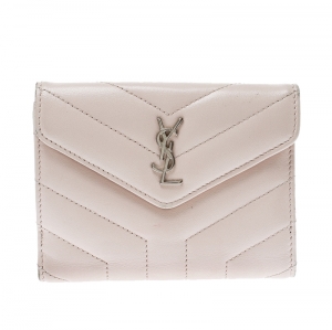 Pre Owned Saint Laurent Beige Matelasse Leather Small Loulou Wallet
