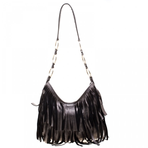 Pre Owned Saint Laurent Paris Metallic Grey Leather Fringed Boheme Shuolder Bag