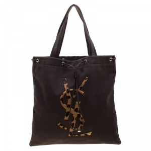 Pre Owned Saint Laurent Paris Brown Canvas and Leather Drawsting Kahala Tote 