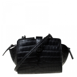 Pre Owned Saint Laurent Paris Black Crocodile Embossed Leather Monogram Cabas Crossbody Bag