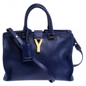 Pre Owned Saint Laurent Paris Blue Leather Small Cabas Chyc Tote