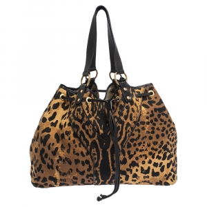 Pre Owned Saint Laurent Paris Brown/Black Leopard Print Canvas and Leather Drawstring Tote