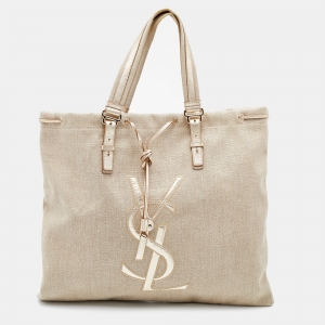 Yves Saint Laurent Beige/Gold Canvas and Leather Drawstring Shopper Tote