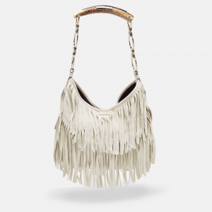 Yves Saint Laurent White Suede and Leather Fringe Mombasa Hobo