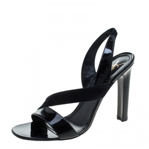 Pre Owned Saint Laurent Paris Black Patent Leather and Suede Slingback Sandals Size 40