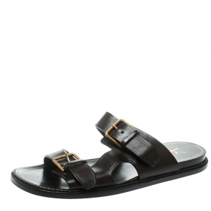 Saint Laurent Paris Brown Leather Buckle Detail Slides Size 40