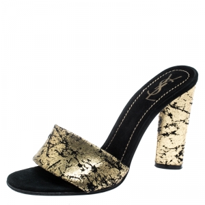 Pre Owned Saint Laurent Paris Metallic Gold/Black Suede Block Heel Sandals Size 37