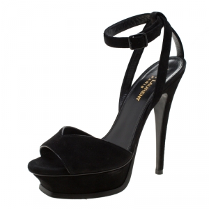 Pre Owned Saint Laurent Paris Black Suede Ankle Strap Platform Sandals Size 36