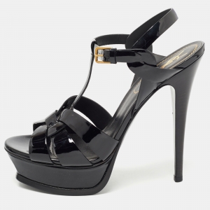 Yves Saint Laurent Black Patent Leather Tribute Sandals Size 38