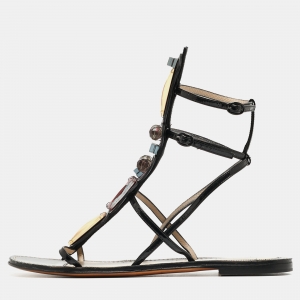 Yves Saint Laurent Black Patent Leather Embellished T-Bar Flat Sandals Size 39.5