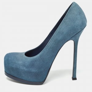 Pre Owned Yves Saint Laurent Blue Textured Nubuck Tribtoo Pumps Size 38