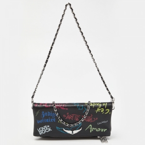 Zadig & Voltaire Black Printed Leather Rock Foldover Clutch Bag