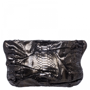 Zagliani Metallic Python Leather Oversized Clutch 