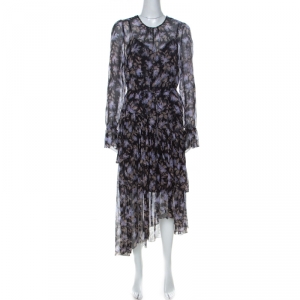 Pre Owned Zimmermann Black Lavender Print Chiffon Asymmetric Ruffle Detail Dress L