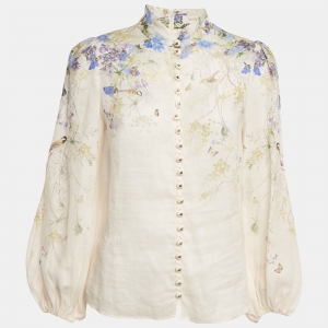Pre Owned Zimmermann Cream Citrus Butterflies Print Linen Button Front Blouse S