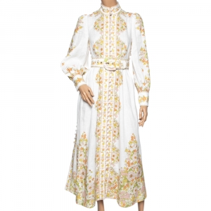 Pre Owned Zimmermann White Floral Print Cotton Eight Tubular Belted Button Detailed Maxi Dress XS
