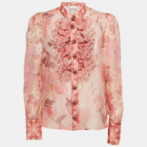 Pre Owned Zimmermann Coral Pink Floral Print Linen & Silk Ruffled Top M
