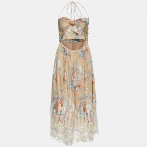 Pre Owned Zimmermann Brown Anais Antique Floral Cotton Tie Midi Dress M