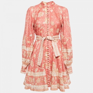 Pre Owned Zimmermann Coral Pink Floral Print Linen Belted Mini Dress M
