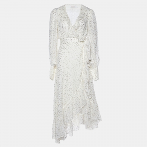 Pre Owned Zimmermann Off-White Silk-Lurex Blend Ruffled Wrap Midi Dress XS