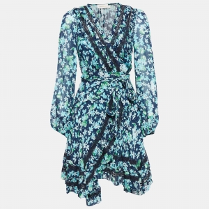 Pre Owned Zimmermann Blue Floral Print Chiffon Moncur Wrap Mini Dress S