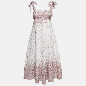 Pre Owned Zimmermann White Floral Print Linen Tie-Strap Carnaby Dress S