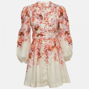 Pre Owned Zimmermann Off-White Floral Print Linen Mini Dress S