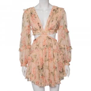 Pre Owned Zimmermann Peach Floral Printed Silk Cut Out Lace Up Detailed Mini Dress XS