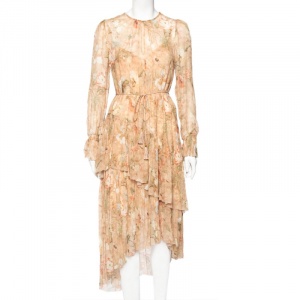 Pre Owned Zimmermann Multicolored Floral Printed Silk Tiered Gathered Hem Belted Dress S