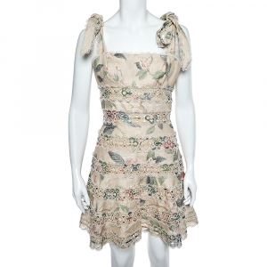 Pre Owned Zimmermann Beige Floral Printed Linen Trim Detail Kirra Dress M