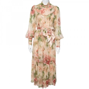 Pre Owned Zimmermann Multicolored Floral Printed Chiffon & Lace Trimmed Belted Dress L