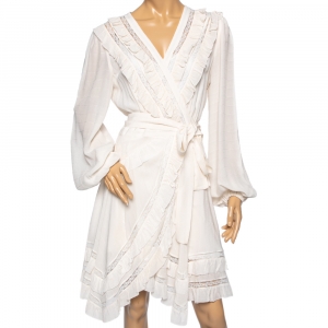 Pre Owned Zimmermann Off White Silk & Lace Inset Ruffle Moncur Wrap Dress L