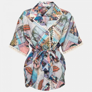 Pre Owned Zimmermann Multicolor Postcard Printed Ramie Oversized Belted Shirt M