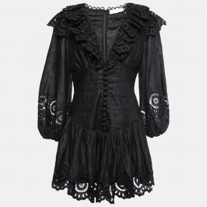 Pre Owned Zimmermann Black Linen & Lace Detail Bellitude Mini Dress M
